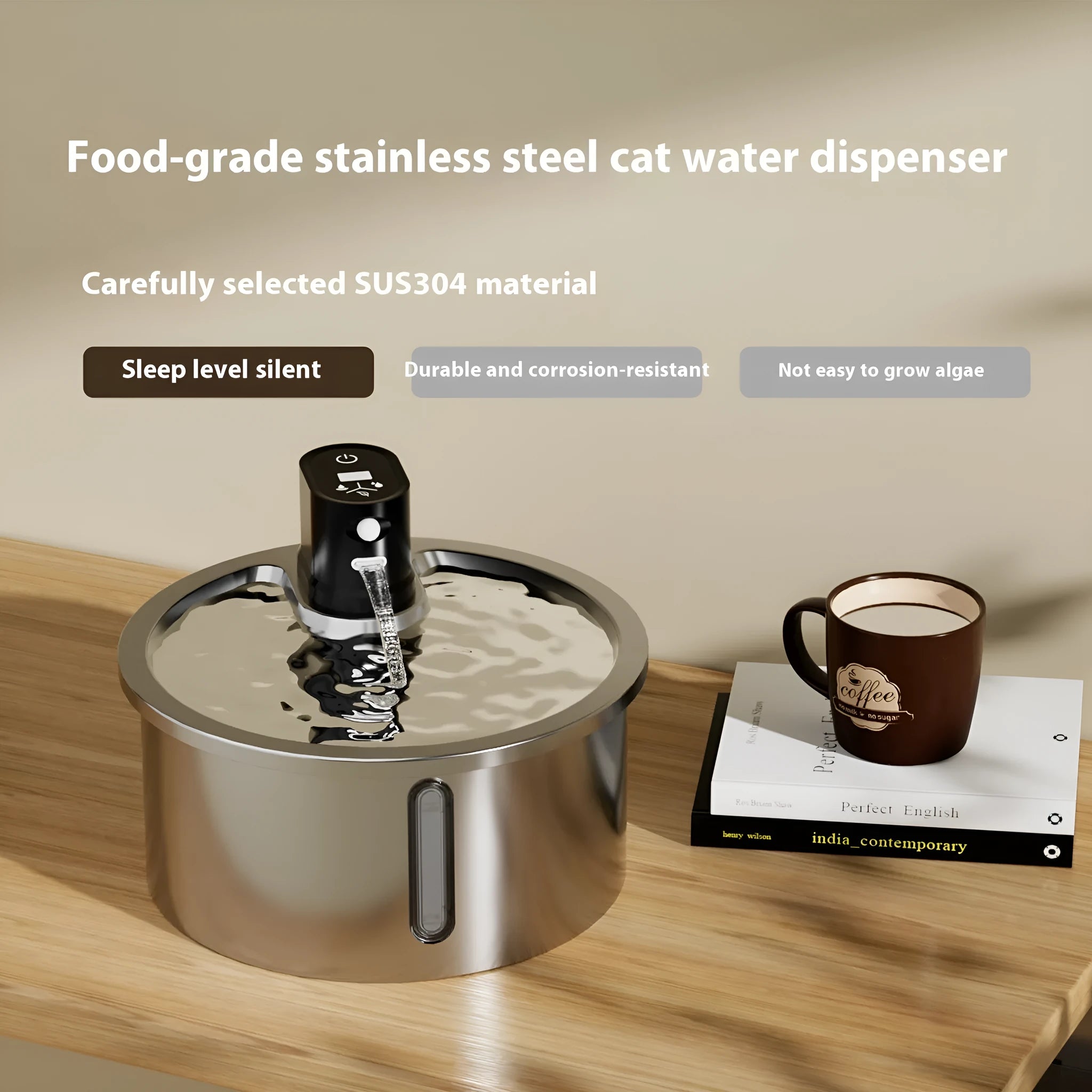 Stainless steel cat and dog water fountain with white heating base on a kitchen floor.