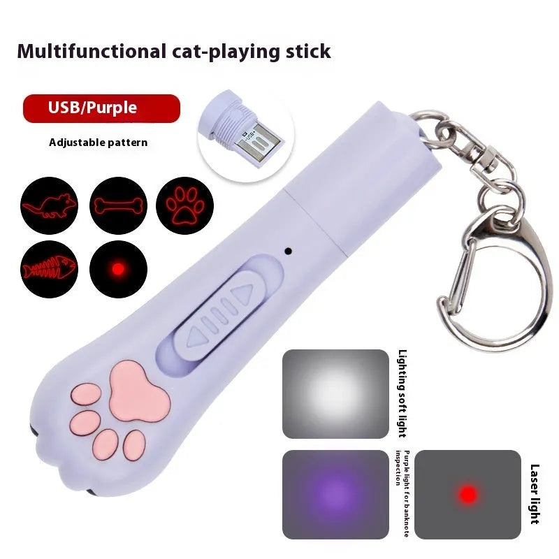 Infrared charging cat teasing stick with laser patterns and LED moonlight lamp in blue colour