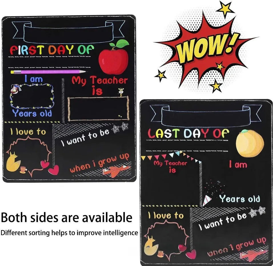Modern wooden blackboard sign for first day of school, 25.5 by 30 centimetres.