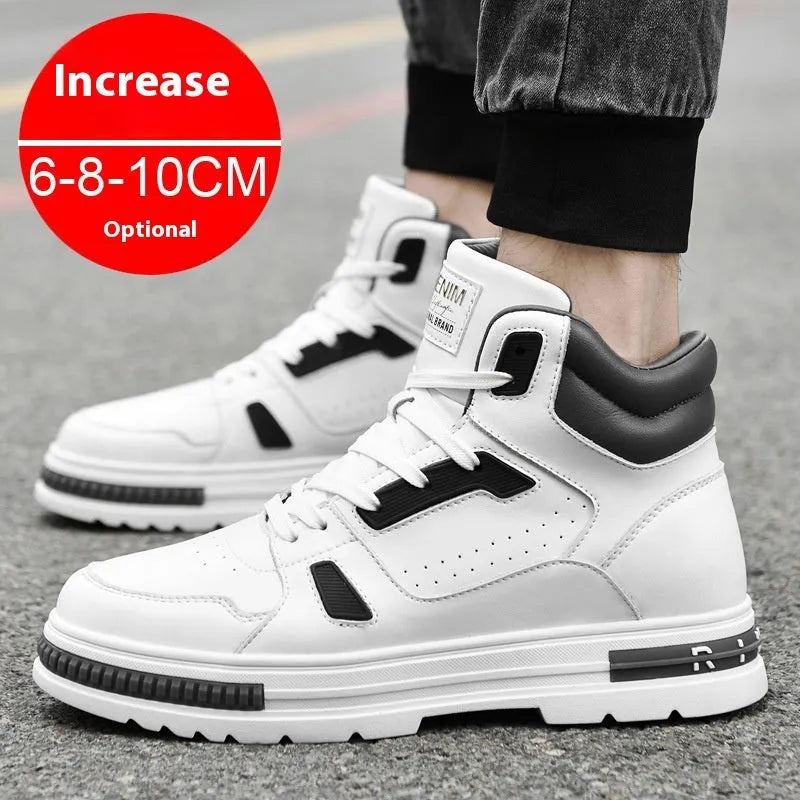 Men's mid-top Martin boots with height increasing insole, two-layer cowhide upper, black and white options