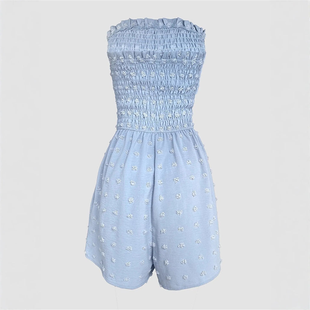 Blue off-shoulder sleeveless women's jumpsuit with button detail and cropped legs.