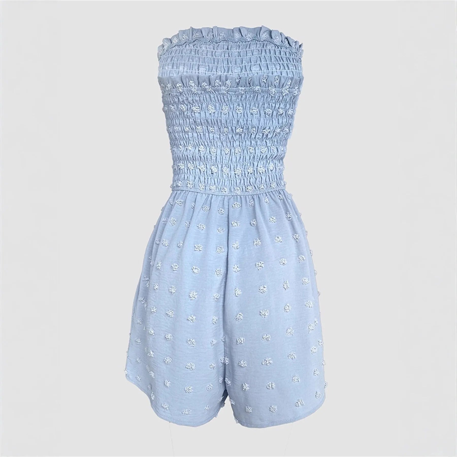 Blue off-shoulder sleeveless women's jumpsuit with button detail and cropped legs.