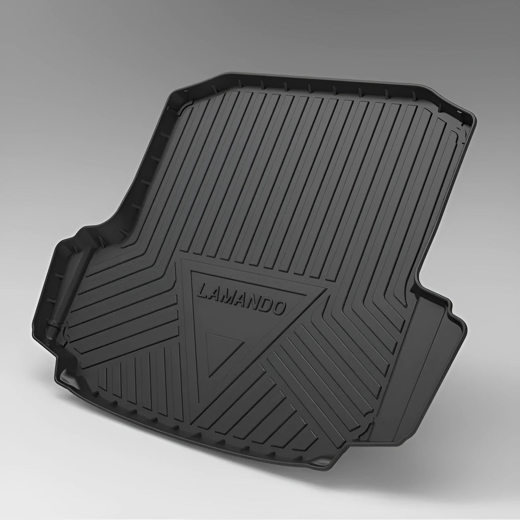 Black TPE car boot liner with carbon fibre texture pattern for specific vehicle models.