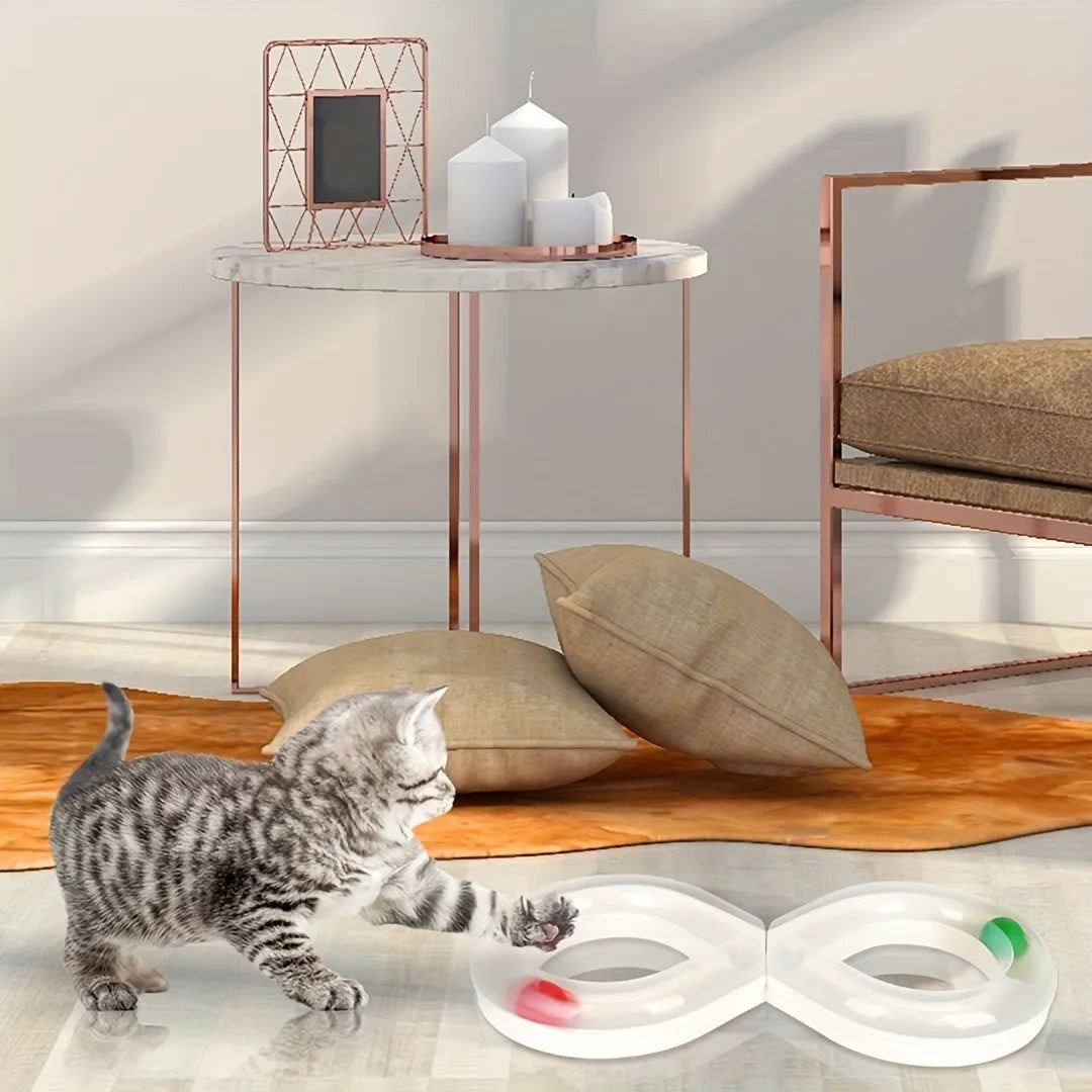 Cat toys collection showing self-hi turntable track ball and teasing cat stick for feline entertainment