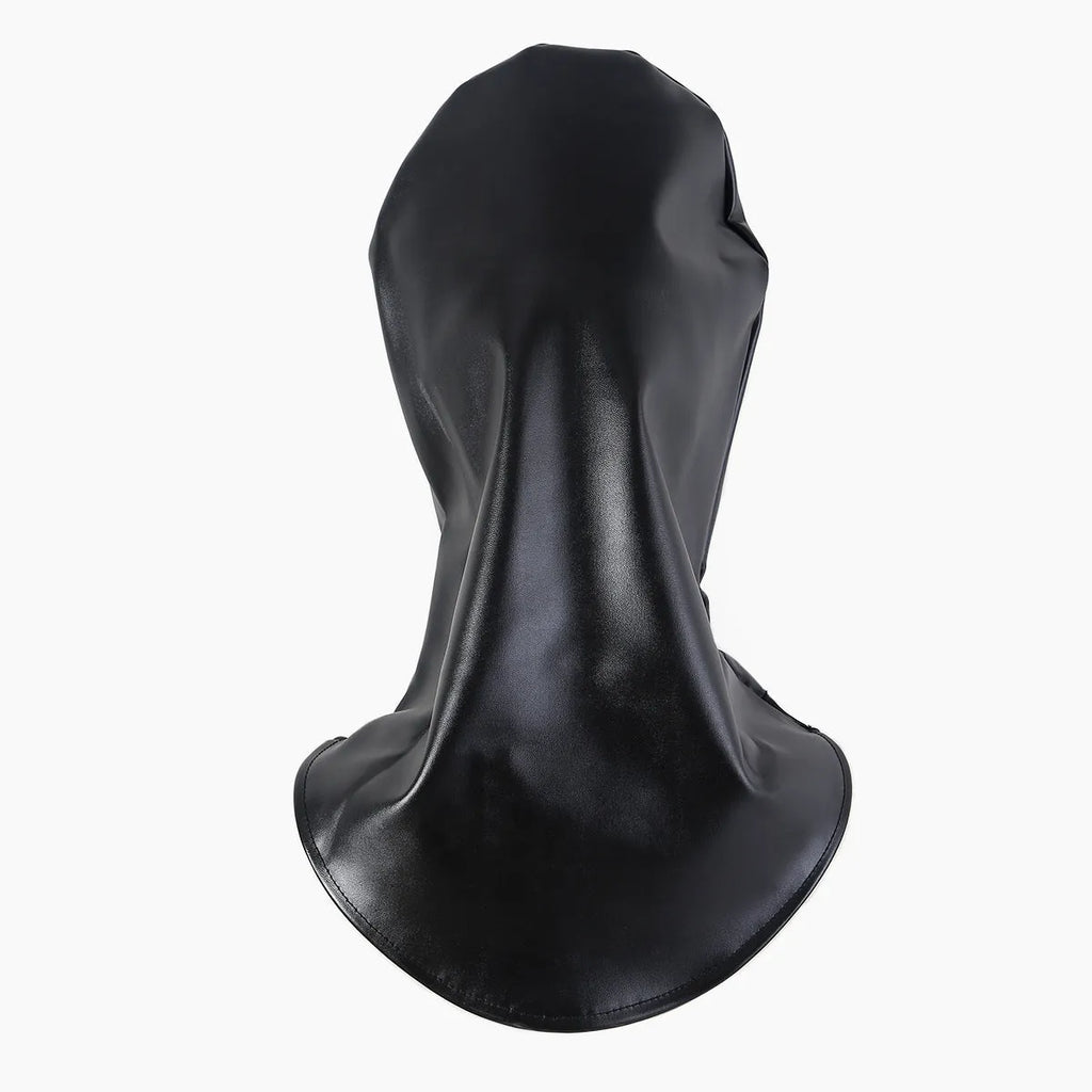 Black leather BDSM mask with adjustable strap for breathable adult training