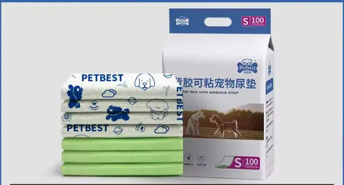 Pack of thickened disposable dog urine pads showing adhesive backing and size options.