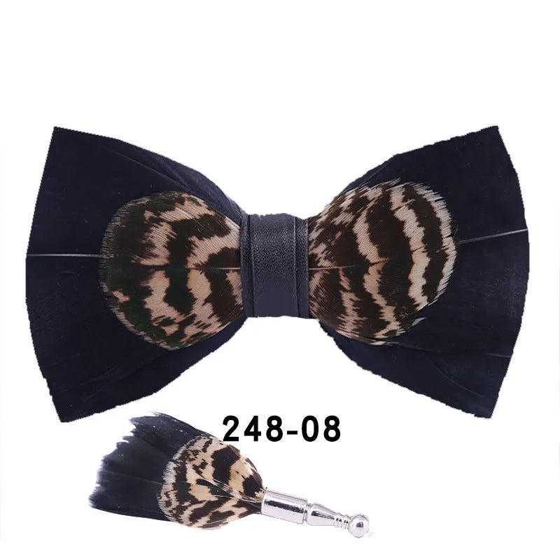 Handmade feather bow tie in polyester yarn, flat head style, 12cm x 6cm, unisex adult size