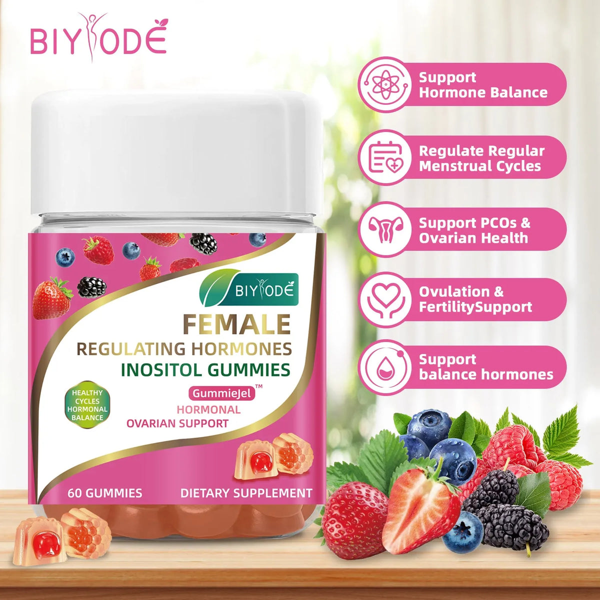Bottle of 60 female multivitamin inositol gummies for hormonal balance support, original flavour, custom label available
