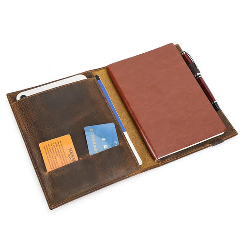 Brown Crazy Horse leather A5 notebook protective sleeve with square shape and socket-style design