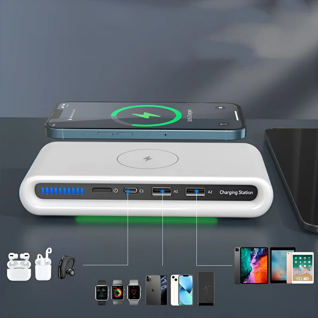 White desktop wireless charger with integrated RGB atmosphere lamp showing 15W fast charging capability