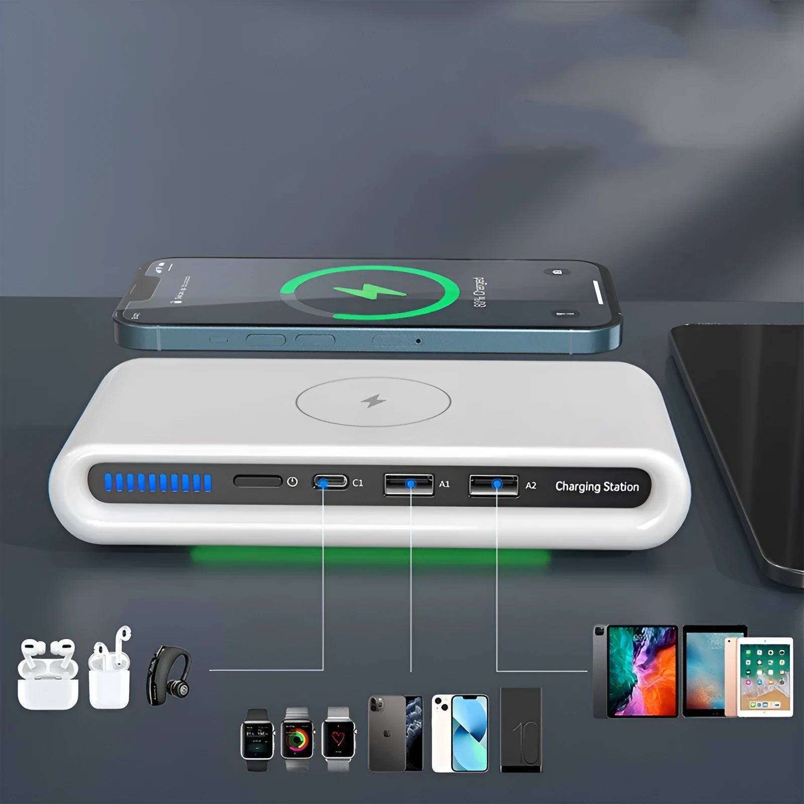 White desktop wireless charger with integrated RGB atmosphere lamp showing 15W fast charging capability