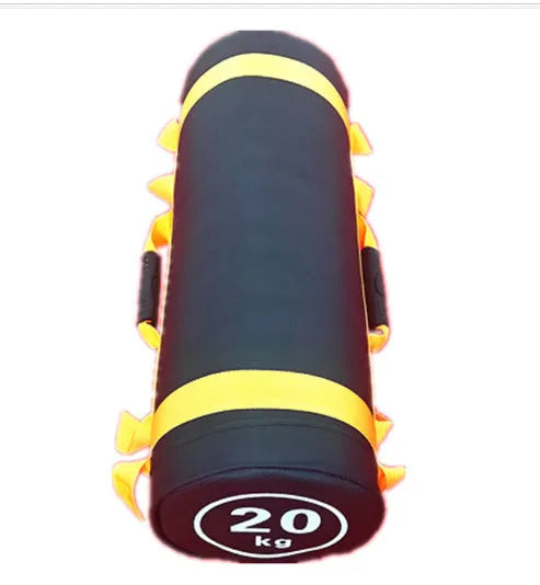 Flat white leather fitness training sandbag with weight options from 5kg to 30kg for gym workouts