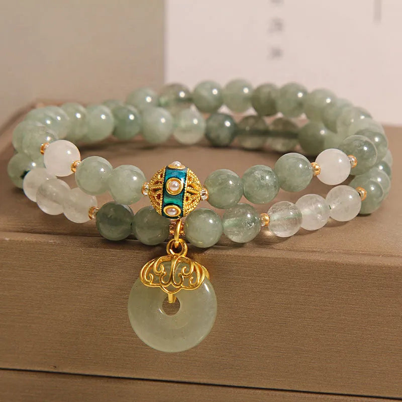 Women's aventurine double-layer crystal bracelet with oil green jade elements and peace buckle closure