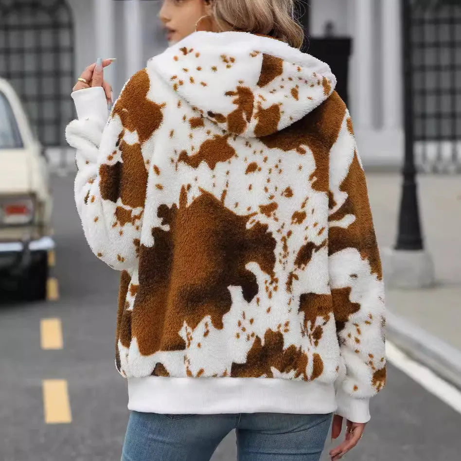 Yellow brown cow animal print hooded cardigan jacket with front zipper and regular sleeves
