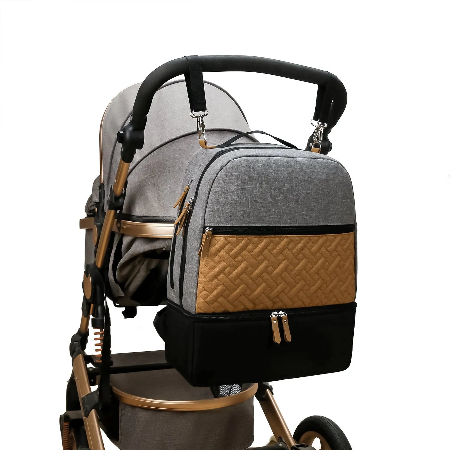 Grey insulated mother and child travel backpack with curved shoulder straps showing interior organisational compartments