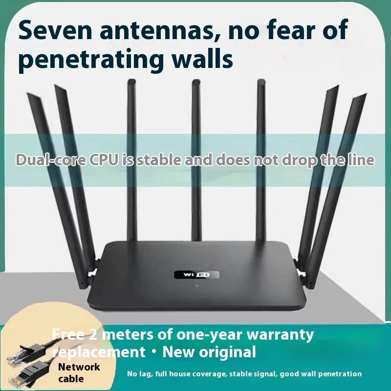 Black or white dual-band gigabit WiFi router with multiple external antennas for through-wall coverage.