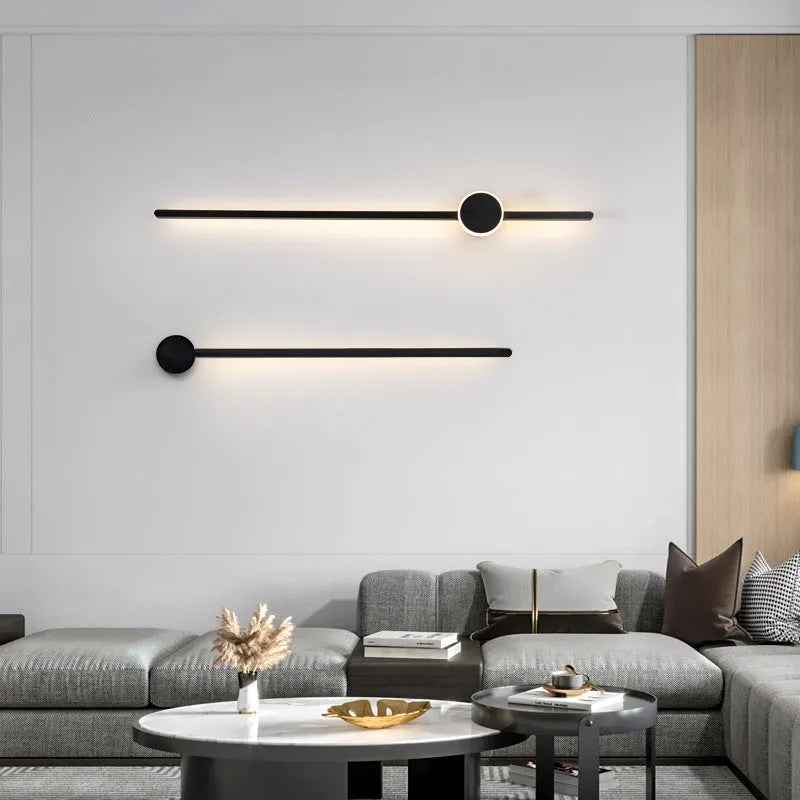 Black and white grid-free strip wall lamp with acrylic shade and three-colour LED lighting