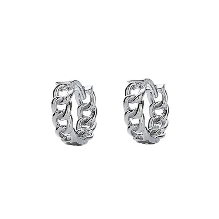 Men's geometric copper earring in silver, shown in single and pair configurations at 10mm and 14mm sizes.