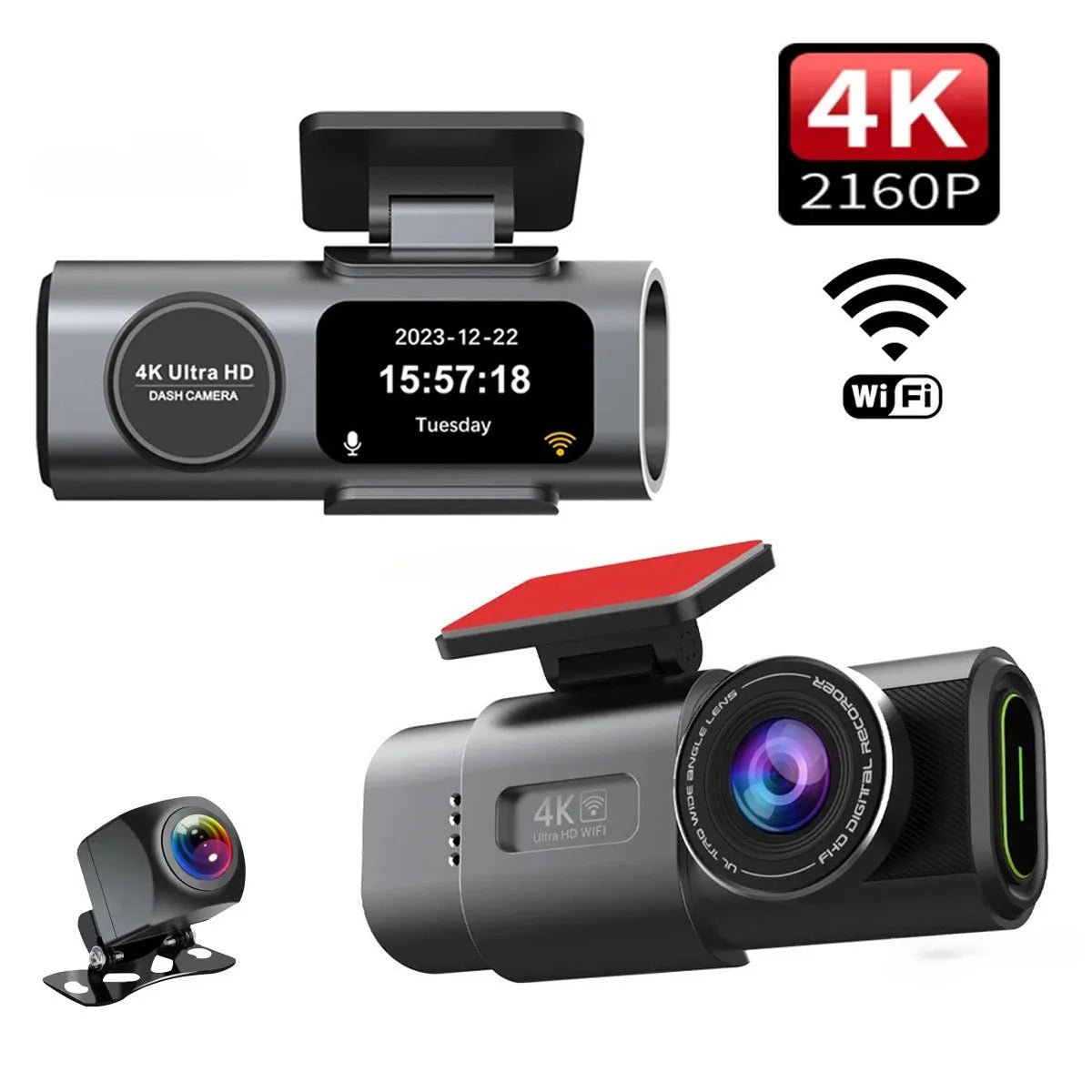 4K WiFi night vision dash cam with 1.3-inch screen and push-button controls for car parking surveillance