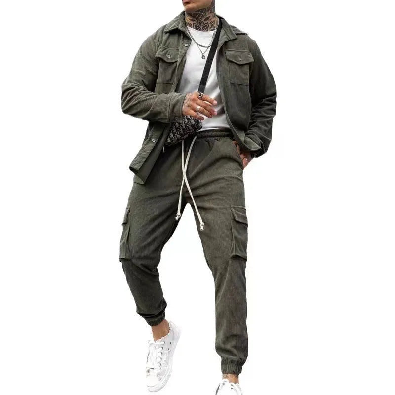 Men's cotton blend long sleeve sports suit set with jacket and trousers, casual autumn two piece in army green grey light blue khaki