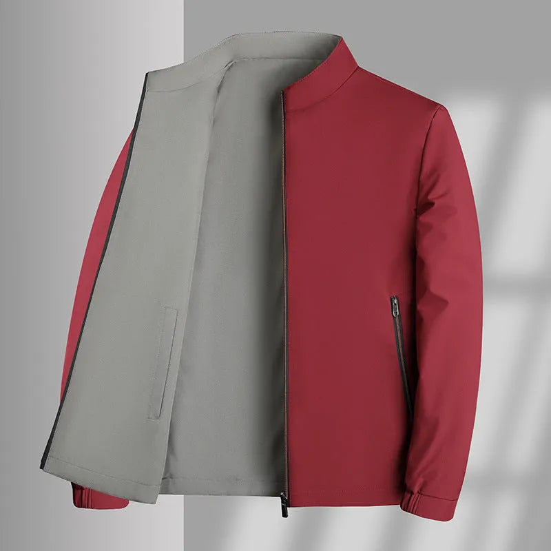 Men's double-sided stand collar casual loose windproof jacket in solid colour with size stick pocket