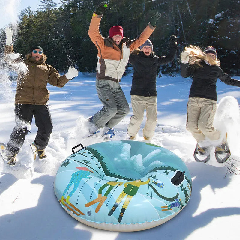 Colourful PVC ski ring toy with printed mountain design for outdoor snow play.