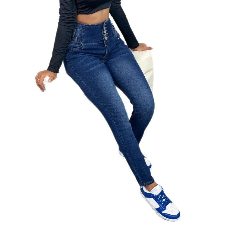 Women's dark blue straight-leg denim jeans with breasted button front closure