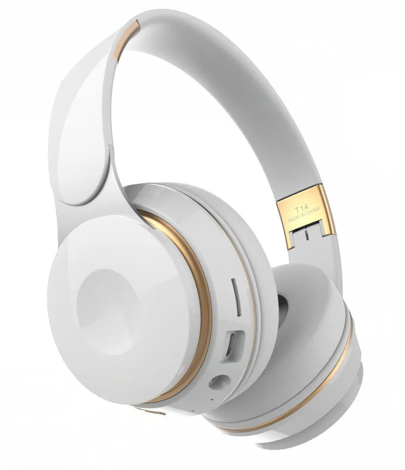 Foldable Bluetooth wireless headset in multiple colours shown open for wear and folded for storage.