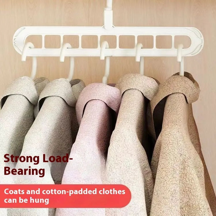 Plastic nine-hole hanger for folding trousers in beige, blue, green, grey, or pink.