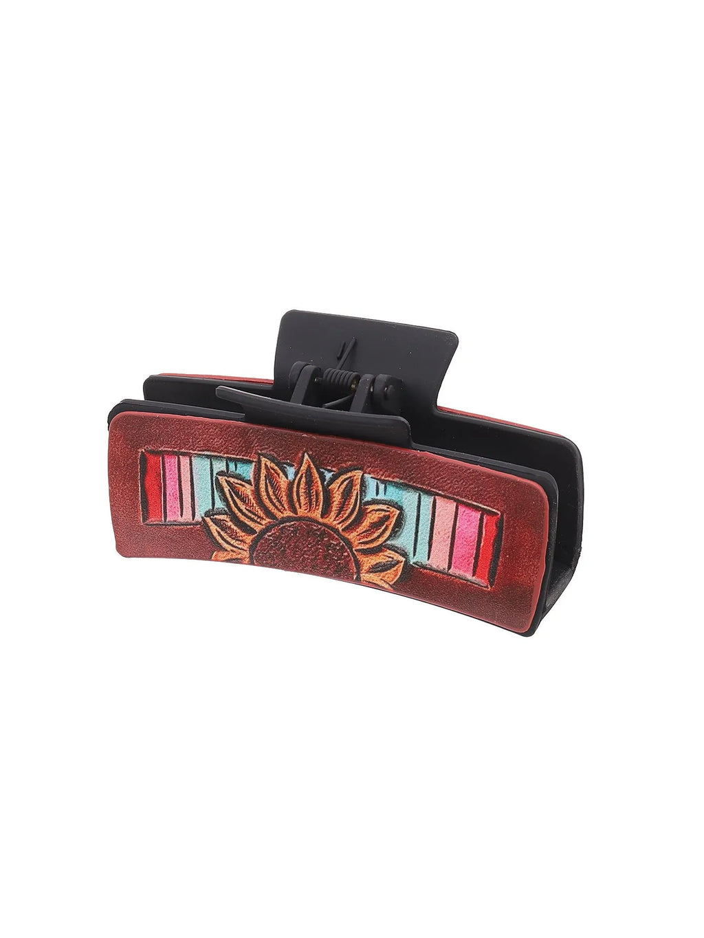 Gray artificial leather barrette with sunflower motif and denim style finish for ladies