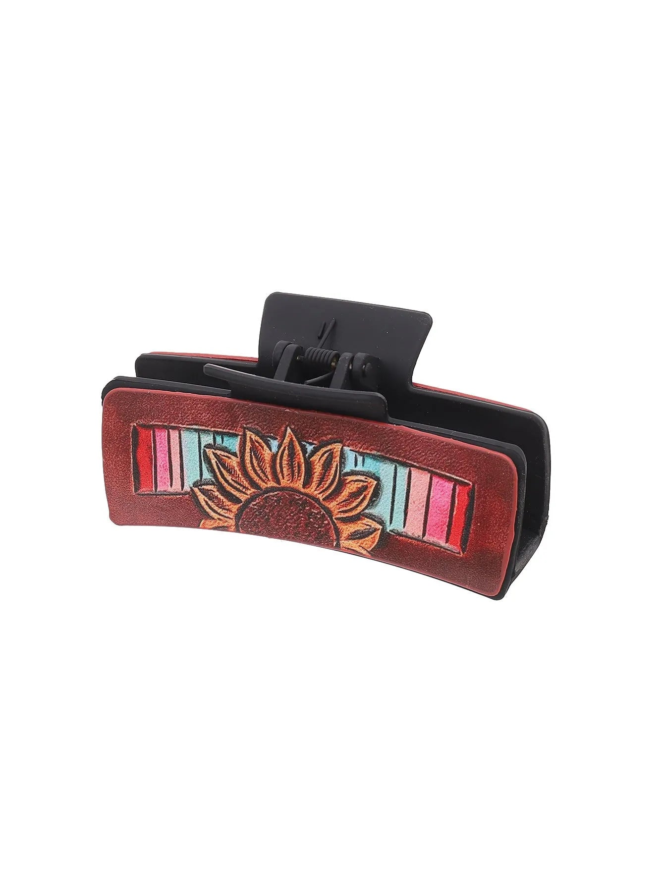 Gray artificial leather barrette with sunflower motif and denim style finish for ladies