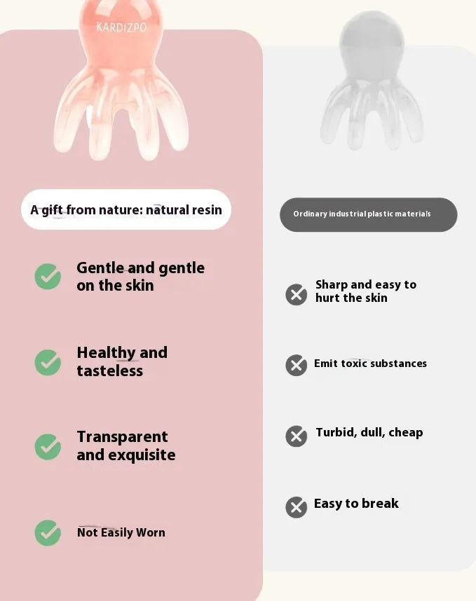 Small pink octopus-shaped massage comb made of natural resin with a storage bag.