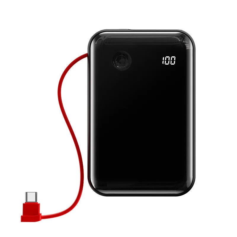 Small square 10000mAh power bank with digital display, built-in cable, black or red, 100*65*24mm