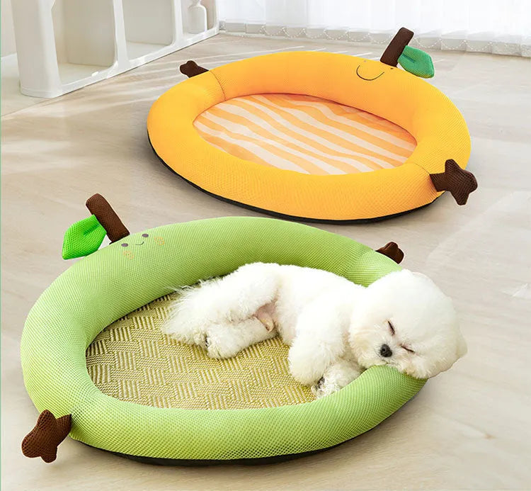 Pet cooling mat nest with fruit-shaped backrest in green colour
