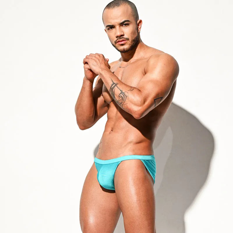 Men's high fork low waist nylon swim briefs in bright lake blue, bright light yellow, and bright midnight blue, sizes M to 2XL