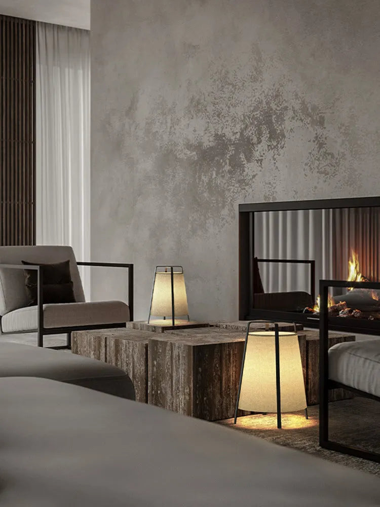 Japanese wabi-sabi floor lamp with cloth shade and iron frame, 220V LED, for living room use