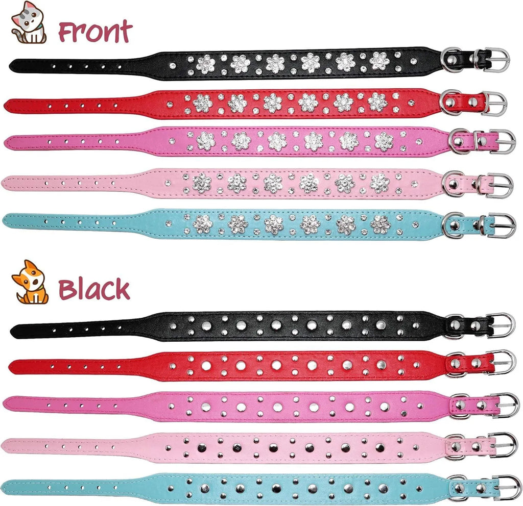 Close-up of a black PU leather dog collar with a rhinestone flower pattern and metal studs.
