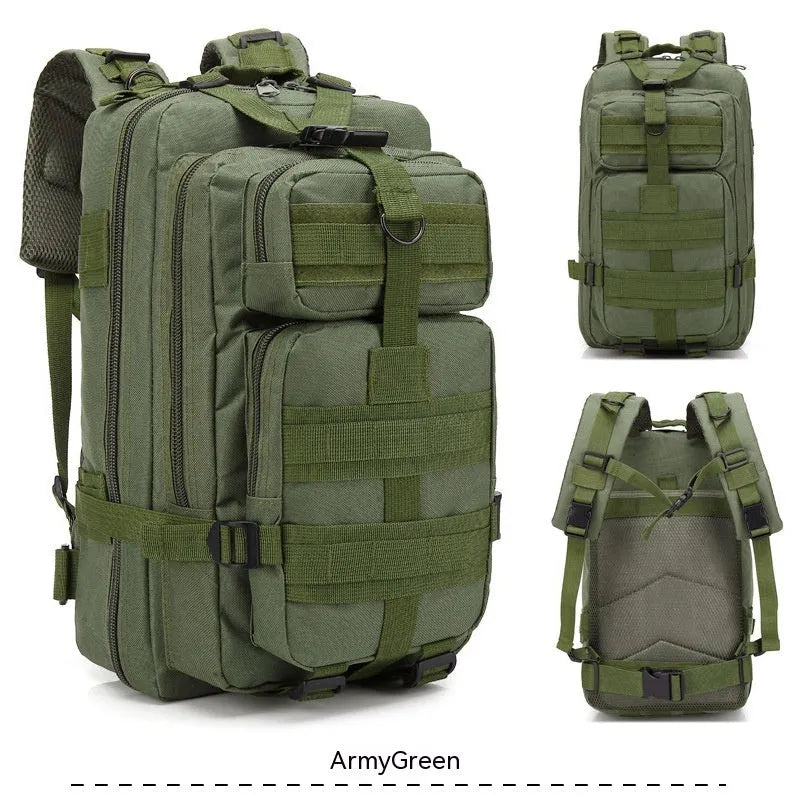 Large khaki coloured off-road hiking backpack with air pillow belt system on a rocky outdoor trail.