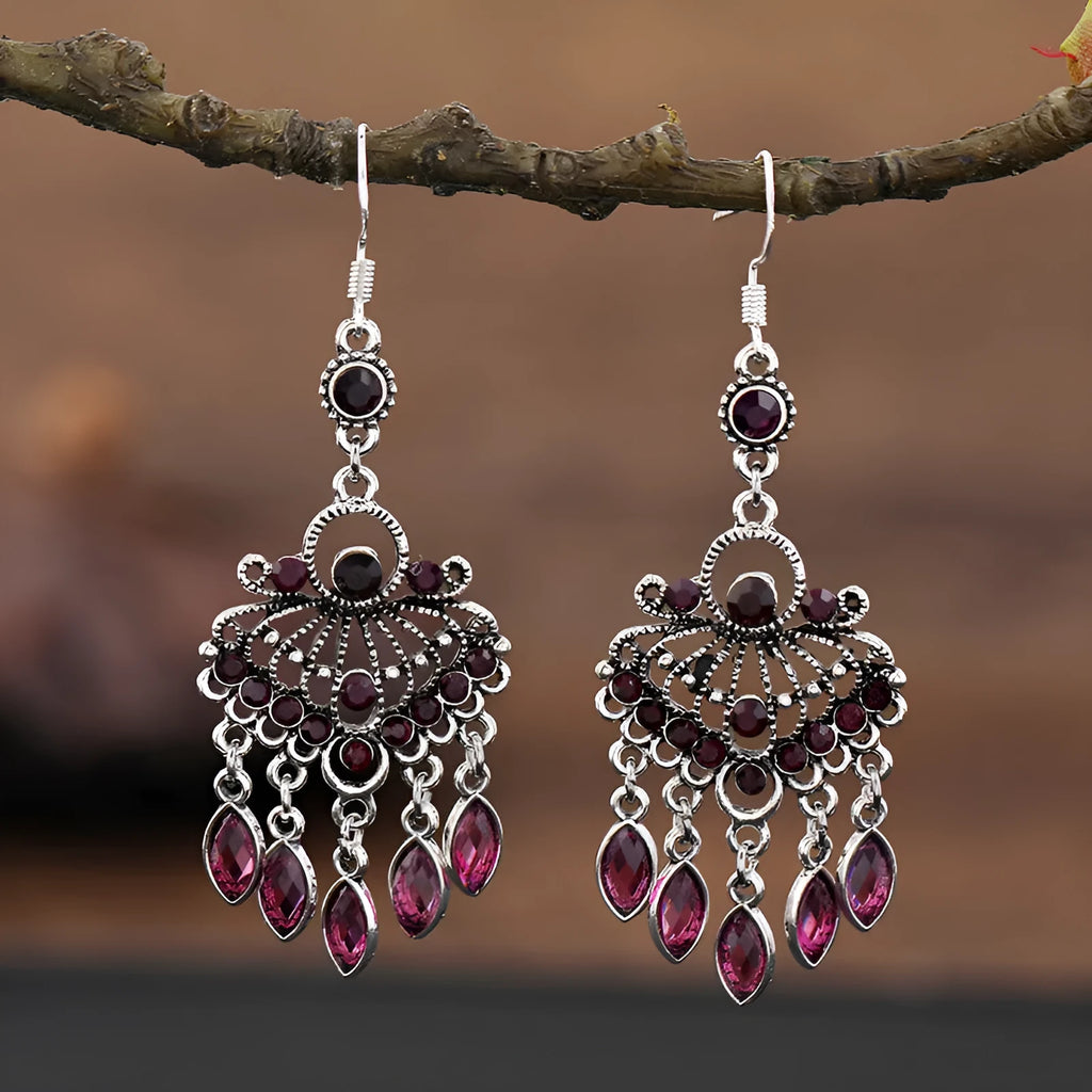 Purple retro fringe drop earrings with crystal detailing and ethnic styling