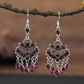 Purple retro fringe drop earrings with crystal detailing and ethnic styling