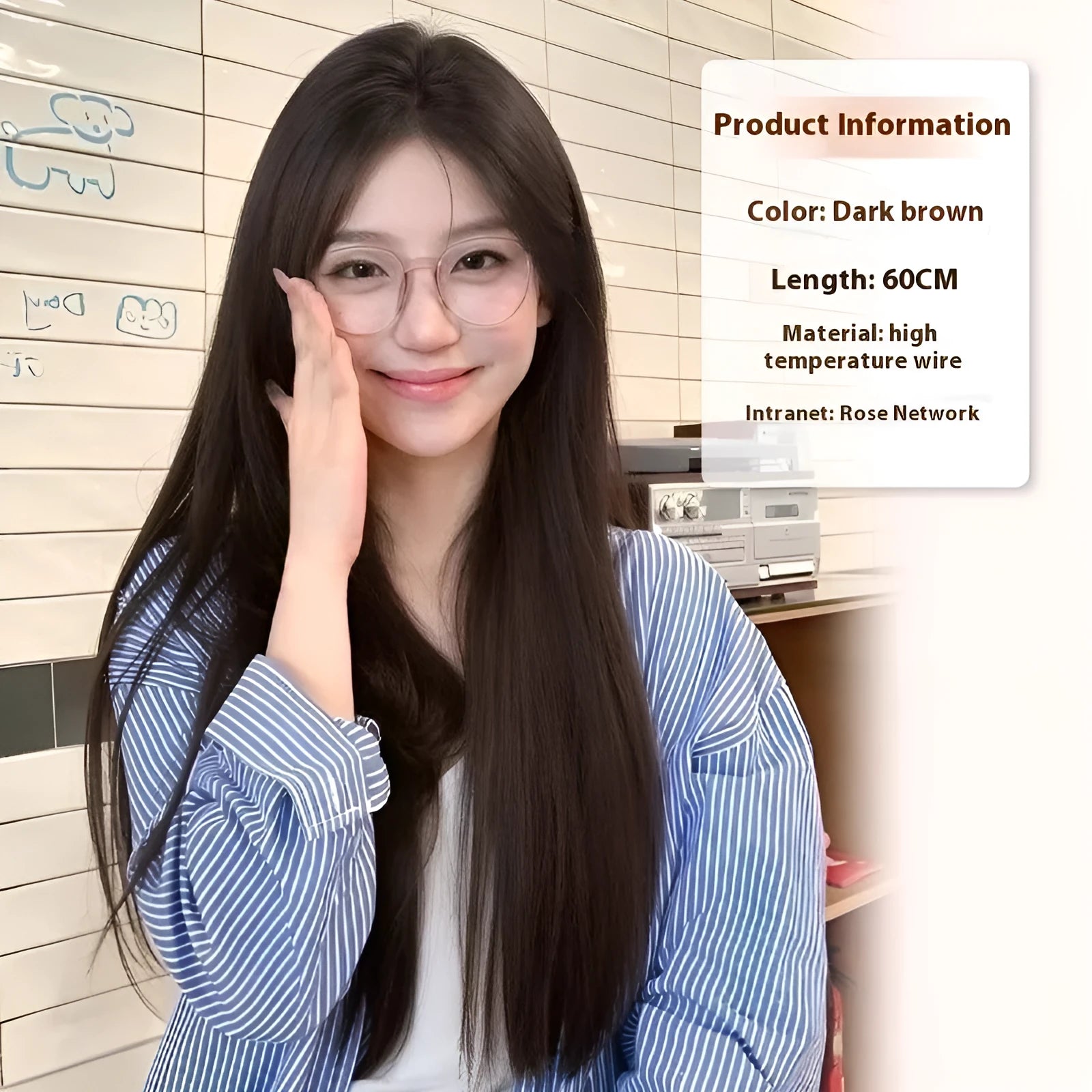 Full-head forehead lace wig in long straight style with hairnet, clip, comb, bracket and bottle of care solution.