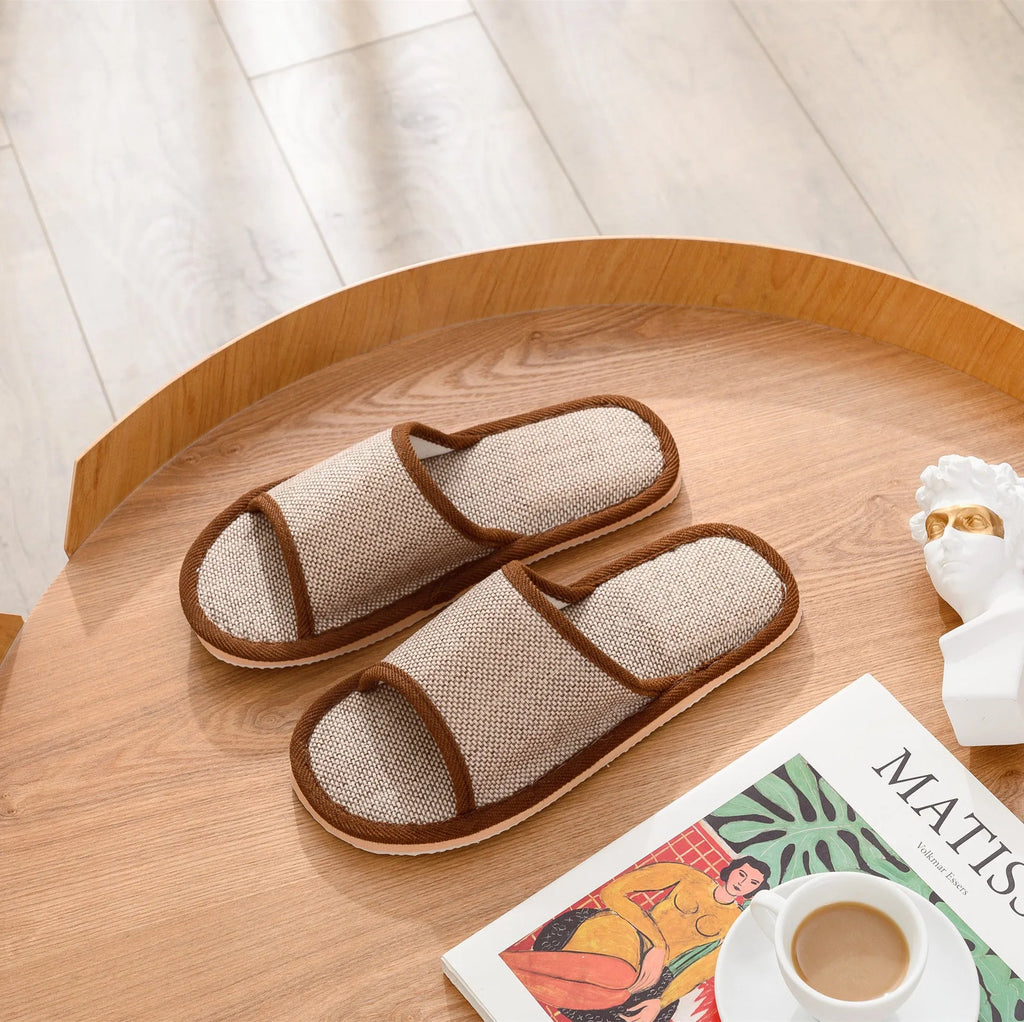 Women's open toe linen slippers in various colours with thickened sole design