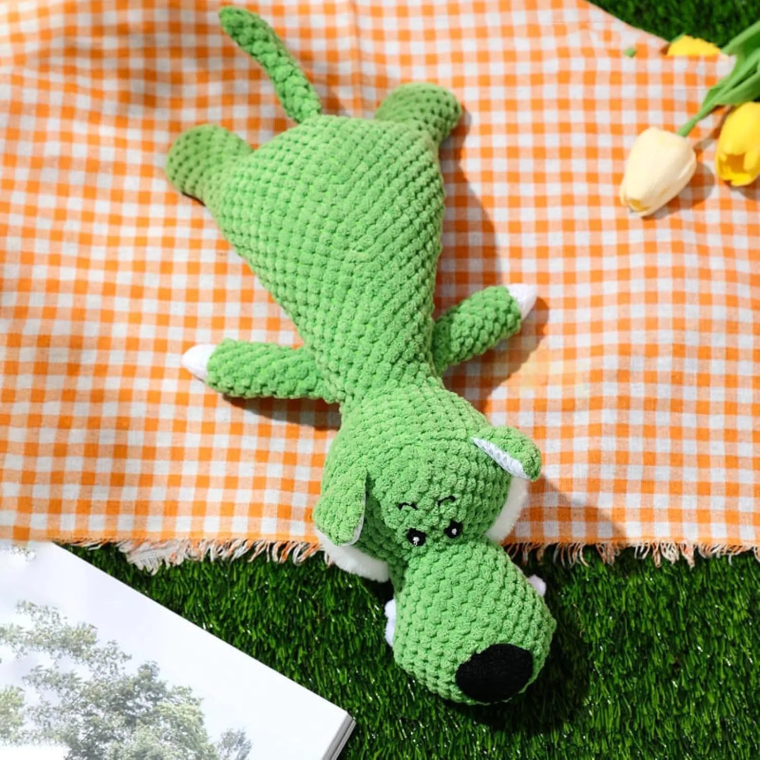 Pet dog plush chewing toy with corn kernel texture and squeaker sound in animal shape