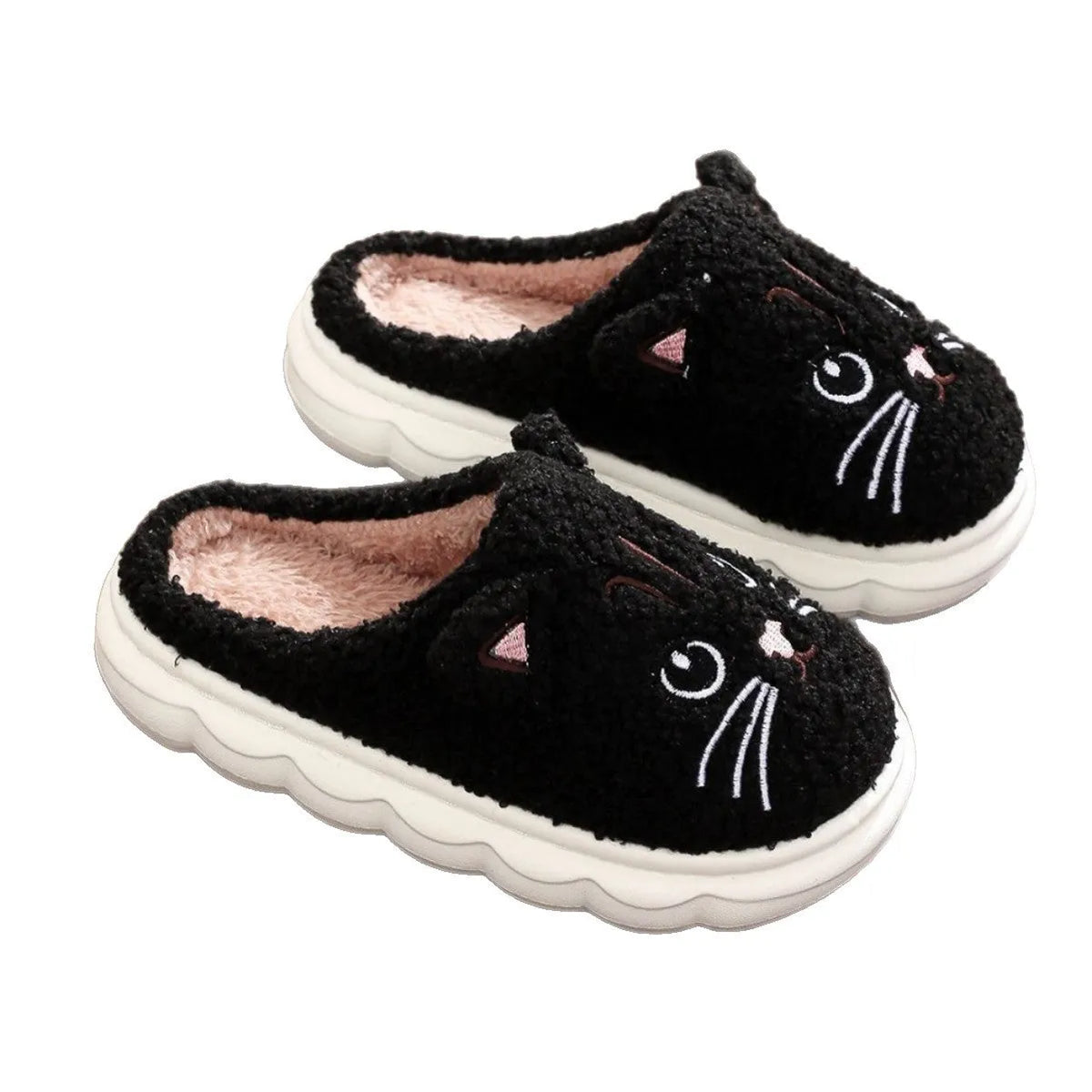 Winter cartoon cat fluffy slippers with plush upper and non-slip EVA sole, in black, white, pink, or grey.