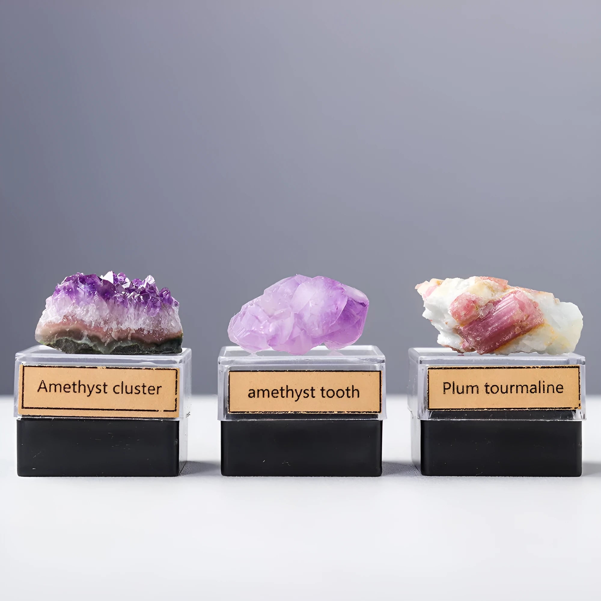 A natural geometric-shaped crystal mineral specimen for home decoration, options include amethyst block or desert rose.
