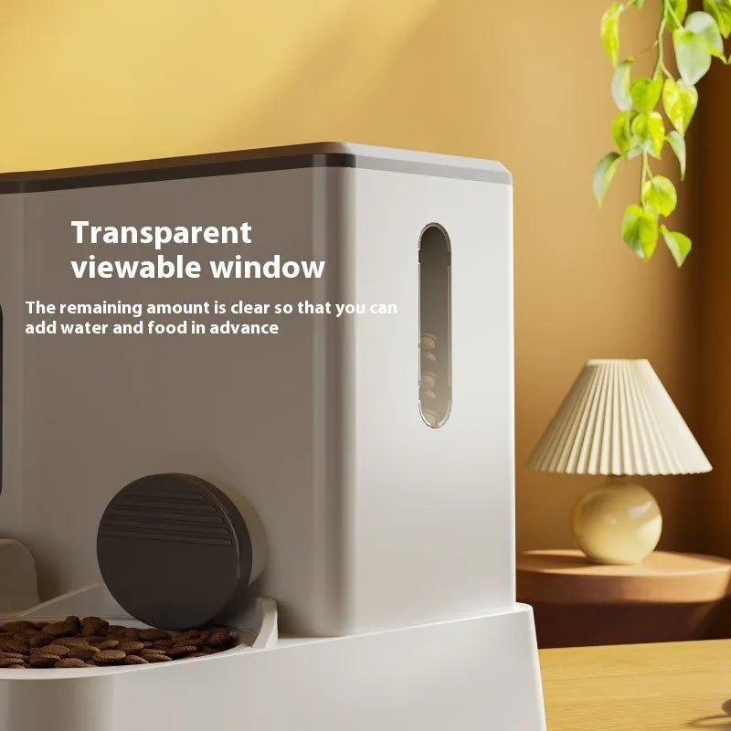 Grey cat automatic feeder and water dispenser station with integrated double bowls.