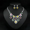 Colourful zircon earrings and necklace set on copper electroplated base with floral pattern for bridal wedding use