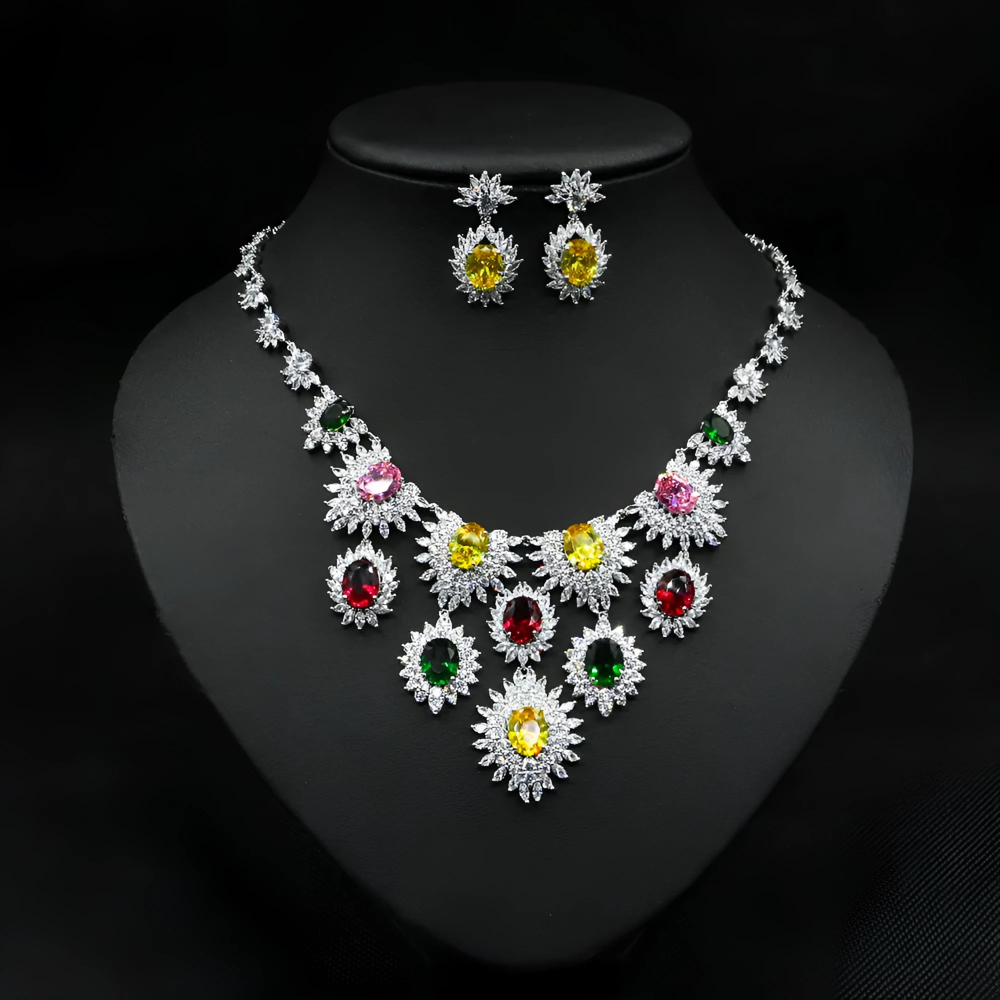 Colourful zircon earrings and necklace set on copper electroplated base with floral pattern for bridal wedding use