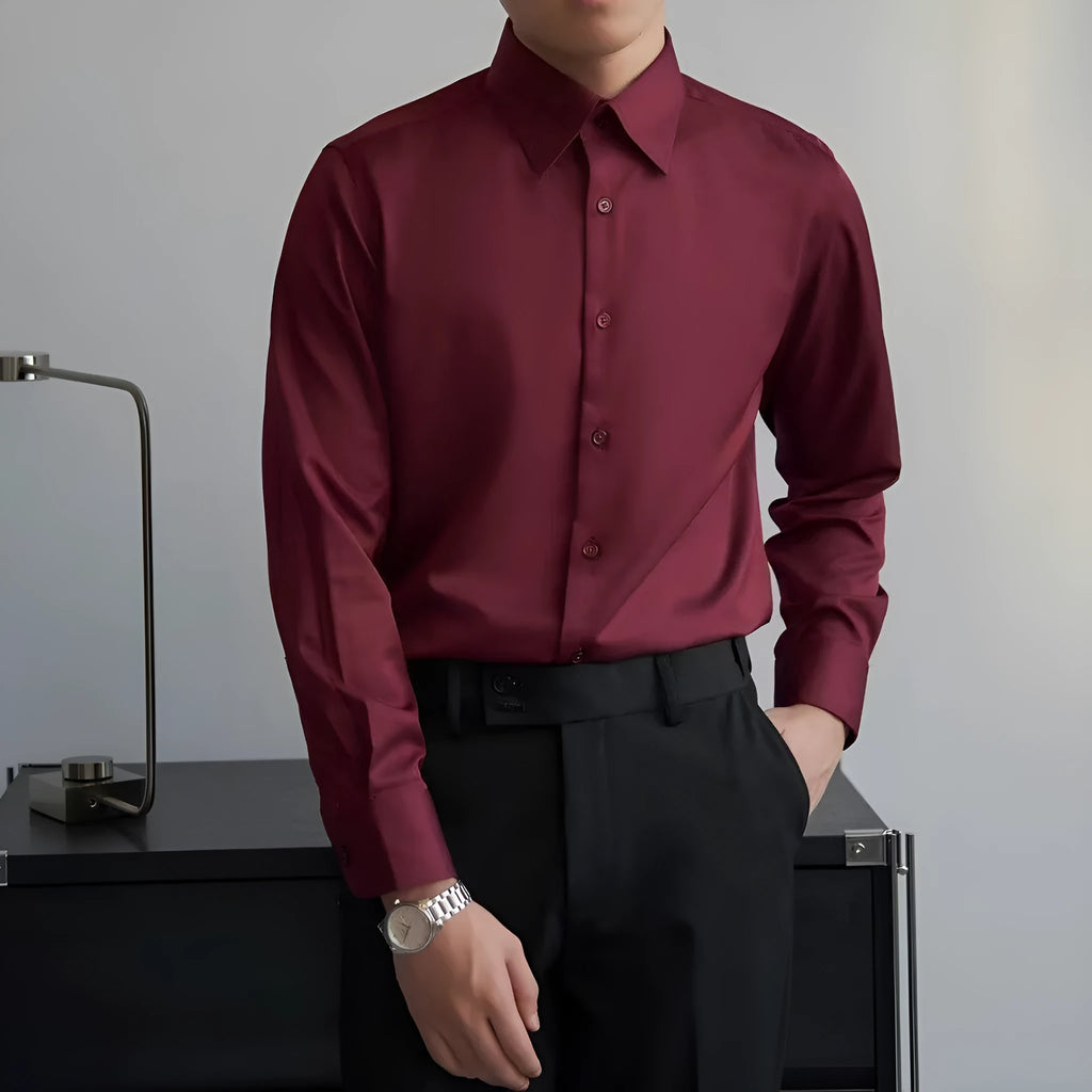 Men's black loose fit long sleeve cardigan shirt in Korean Japanese retro style on a hanger.
