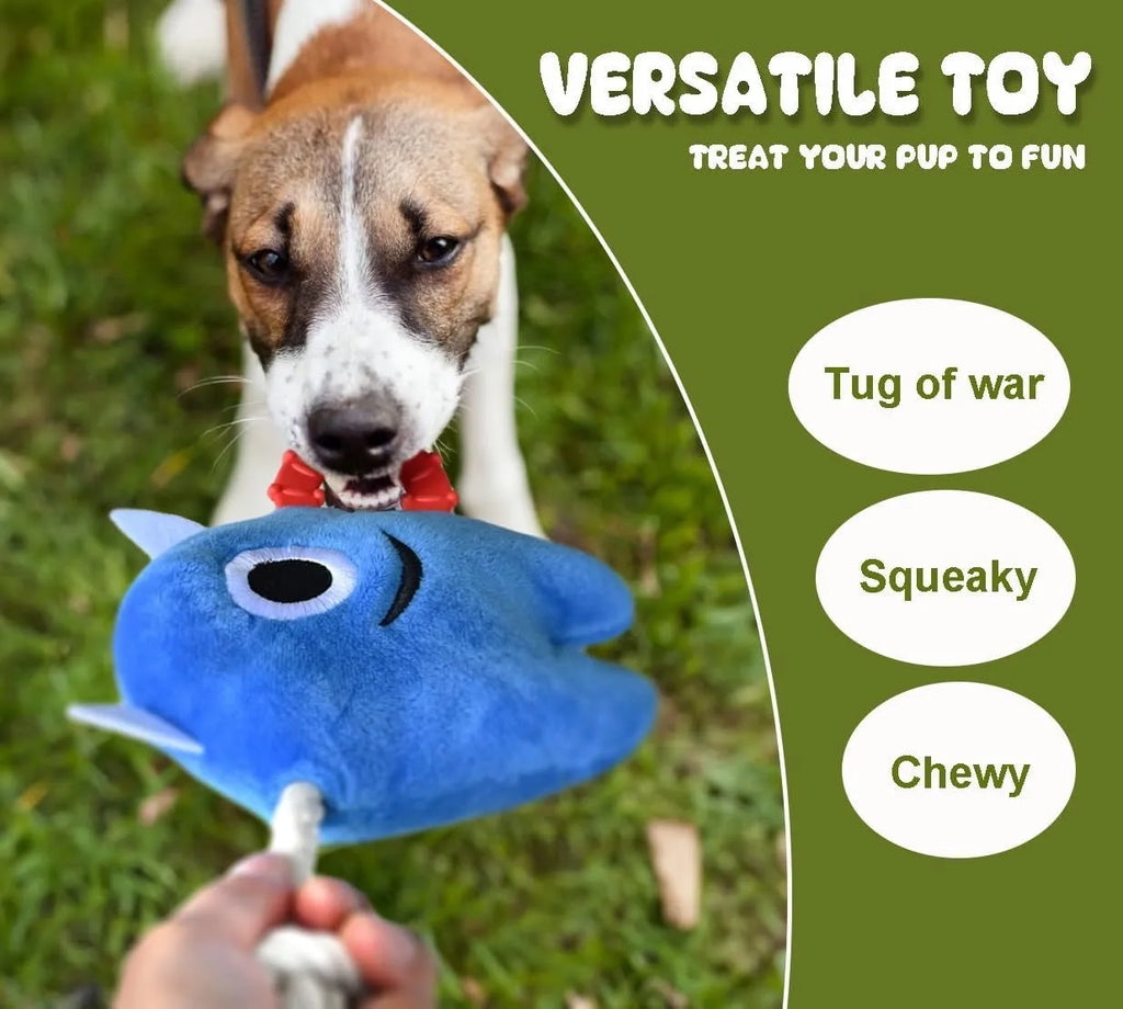 Blue and green monster dog toy with plush body and rope tug handles